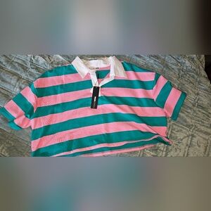 Fashion Nova Pink and Green Striped Cropped Shirt